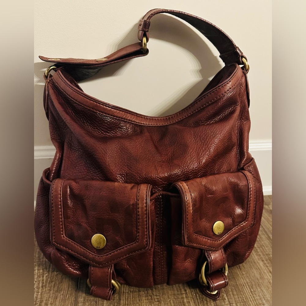 Vintage Marc Jacobs Mushroom Signature Embossed Leather Hobo Shoulder Bag.